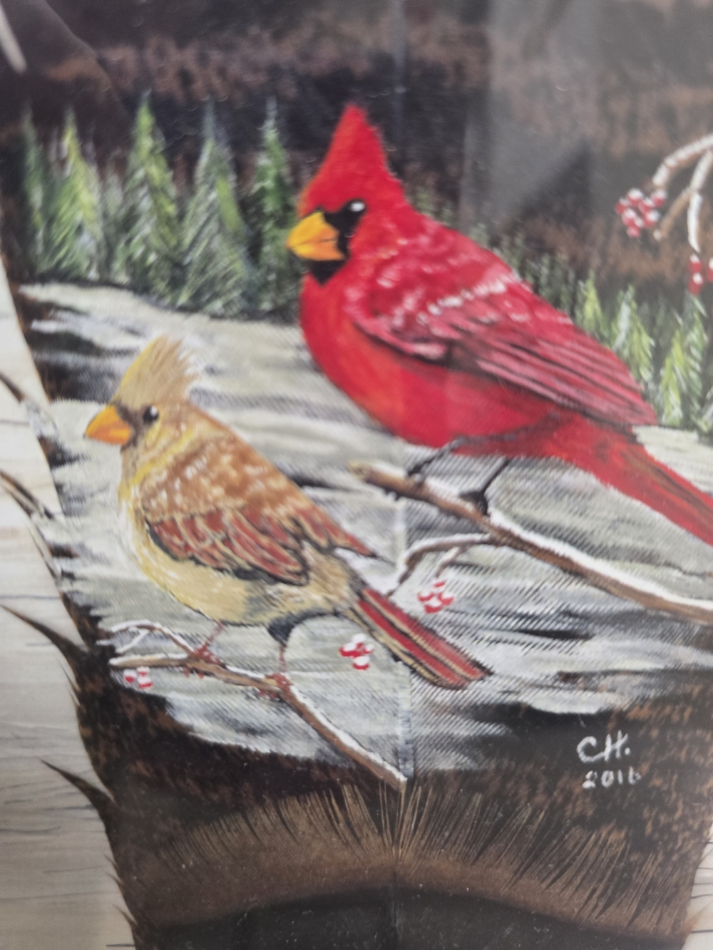 Cardinal Bird Decorative Painted Feather Art Print - By Charles Hoffman